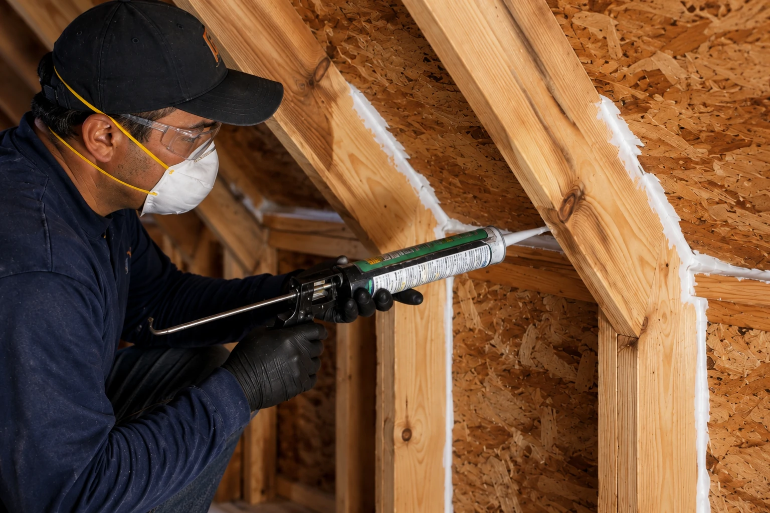 A masked worker applies white sealant along wooden roof framing with a caulking gun.