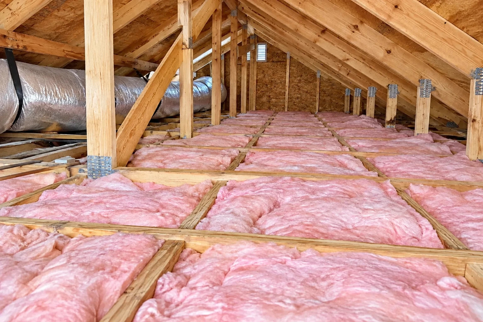 Pink batt insulation fills attic floor joists beneath exposed roof trusses, with a foil-wrapped duct running along the side.