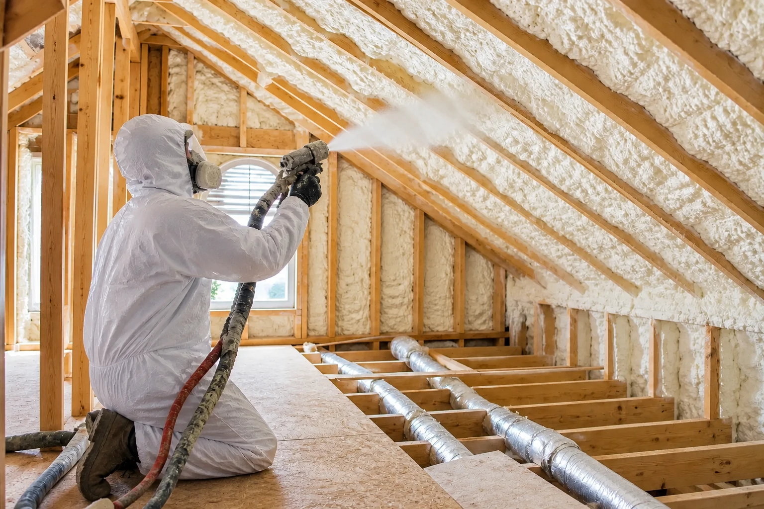 A worker in protective gear sprays foam insulation onto the sloped roof of an unfinished attic.