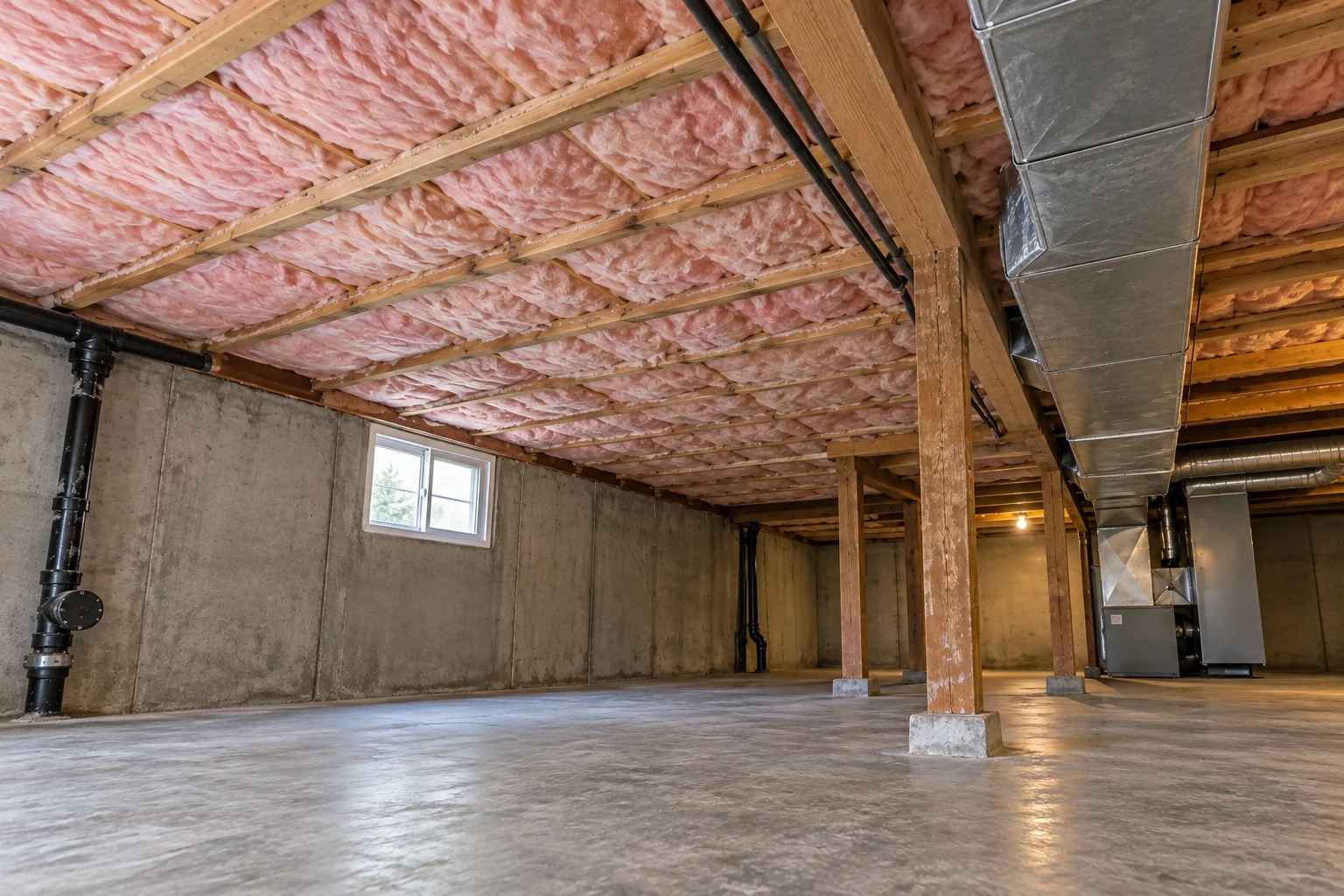 Pink fiberglass batts fill basement ceiling joists beside exposed ducts and concrete walls.