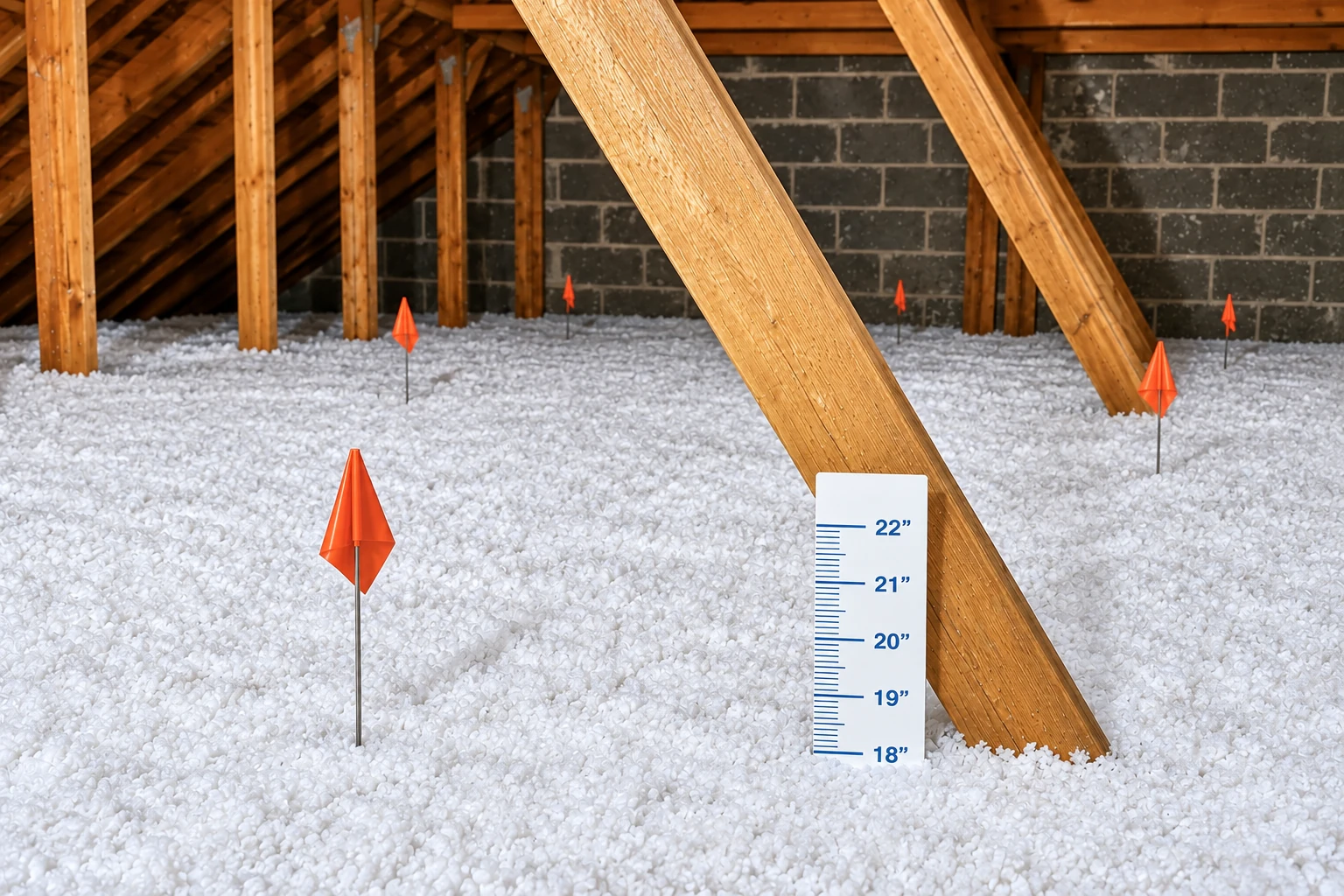 An attic floor is covered in white blown-in insulation, with orange depth markers and a measuring gauge.