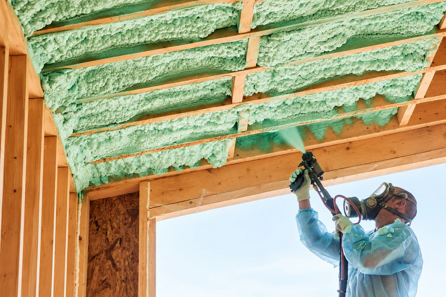 A worker sprays green closed-cell foam insulation into the underside of a wooden roof.
