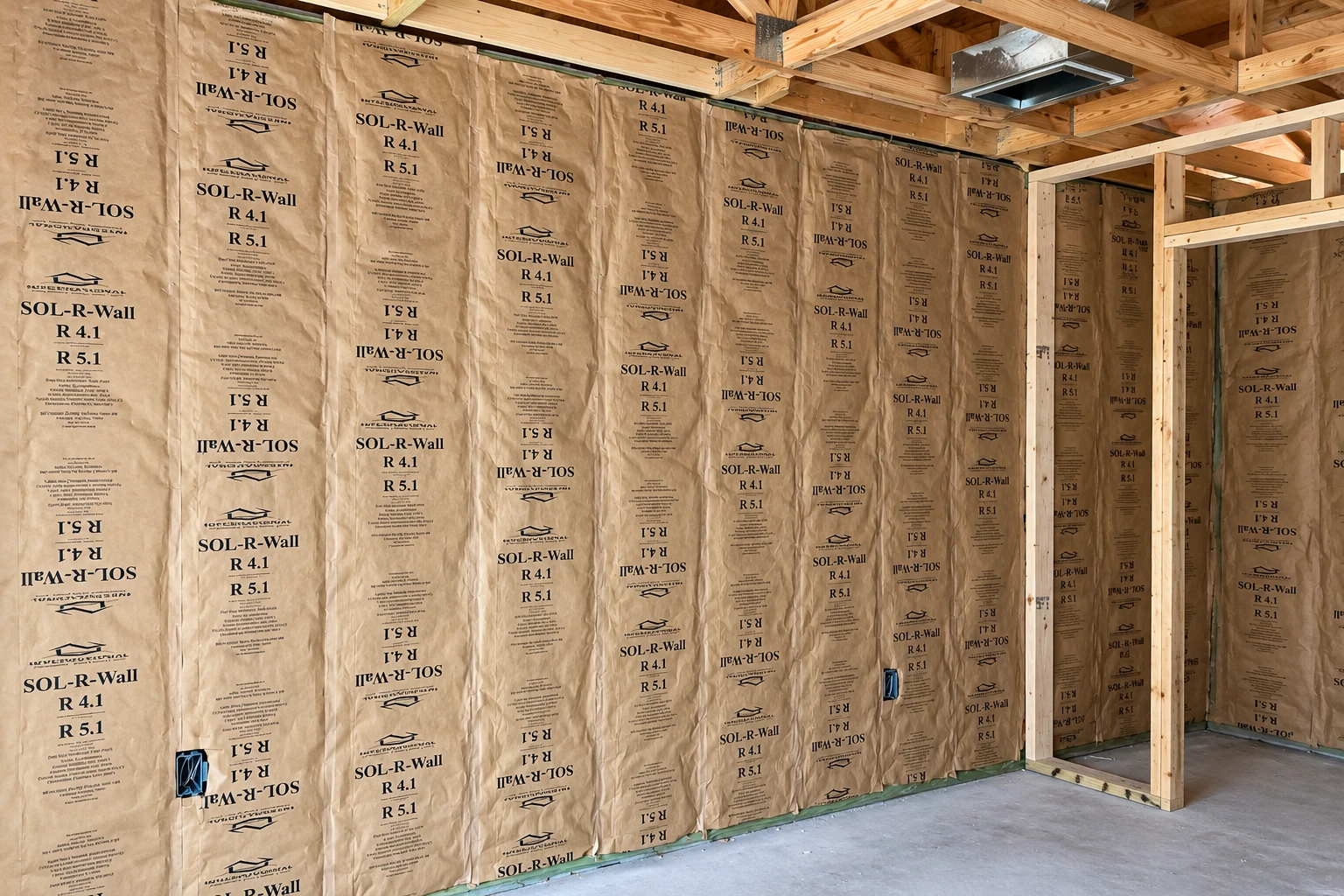 Commercial insulation lines a framed building wall with kraft-faced batts, leaving an open doorway and ceiling joists visible.