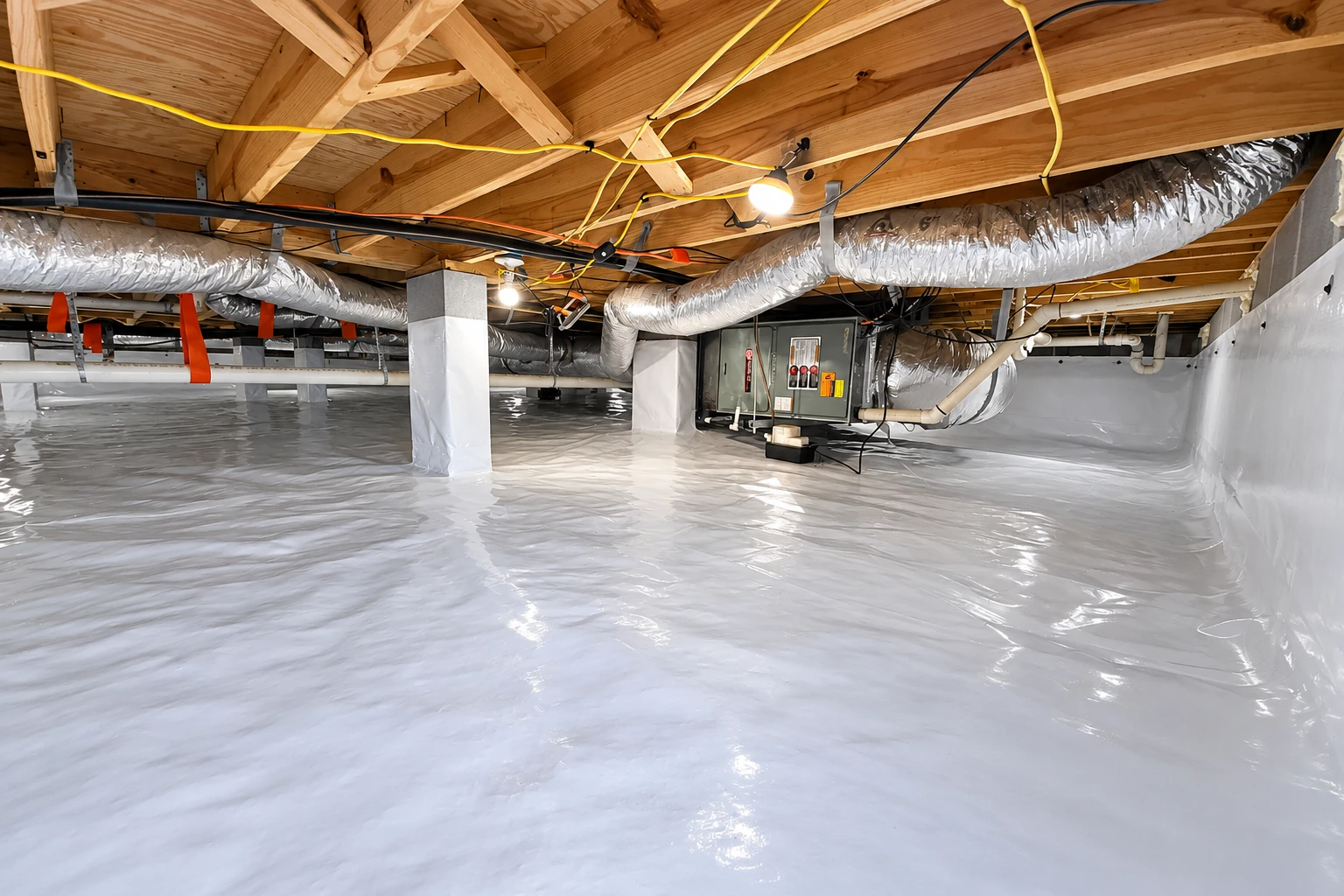 Crawl space with a white vapor barrier covering the floor, exposed wooden joists, and silver HVAC ducts.