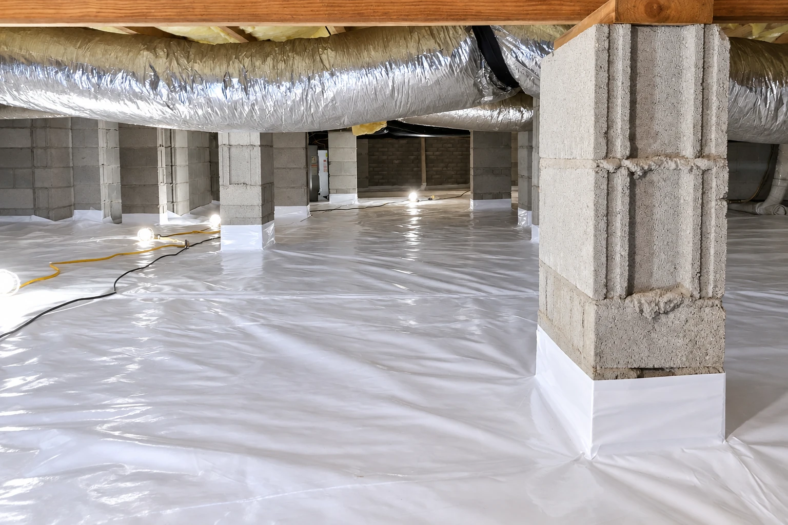 A crawl space has a white vapor barrier covering the floor and wrapped around concrete block piers beneath ductwork.