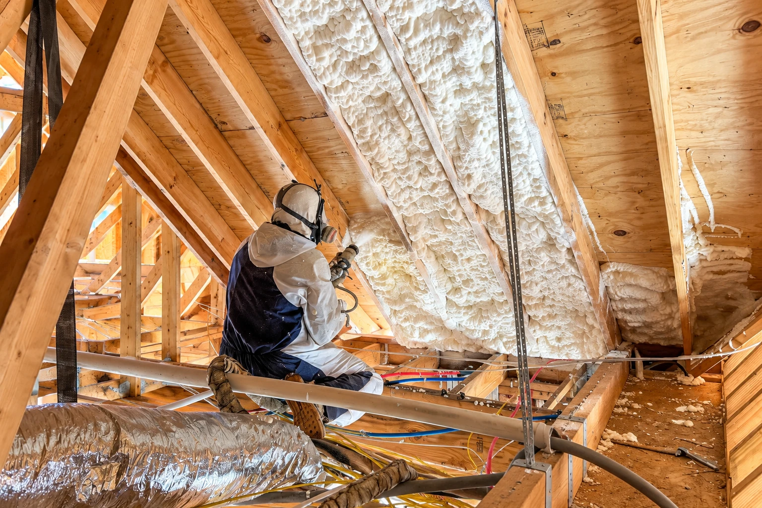A worker in protective gear applies spray foam between the rafters of an unfinished attic.