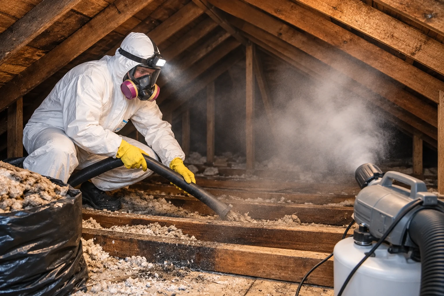 A worker in protective gear uses a vacuum hose to remove loose insulation from an attic.