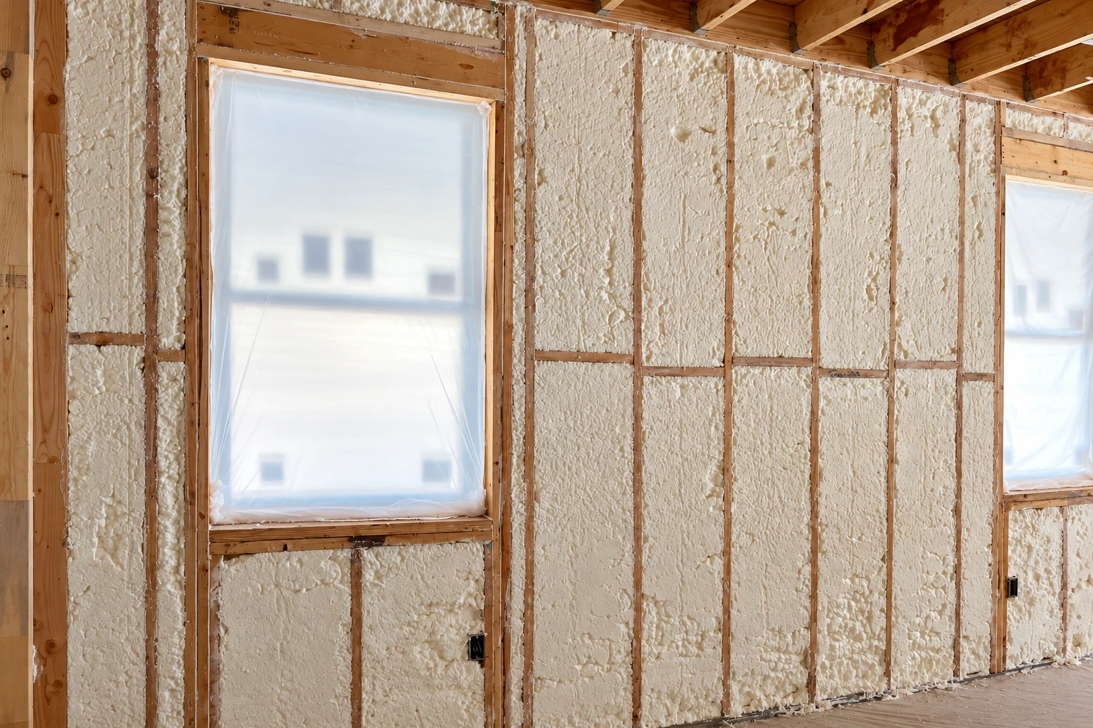 Open-cell foam insulation fills the wooden wall cavities around two plastic-covered windows in an unfinished room.