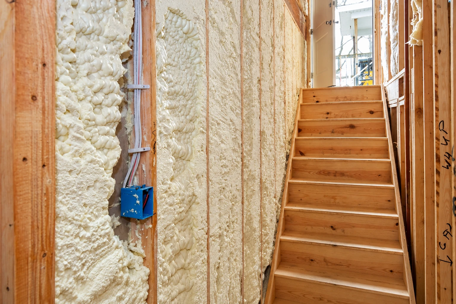 Foam insulation fills exposed wall cavities beside a wooden staircase in an unfinished home.