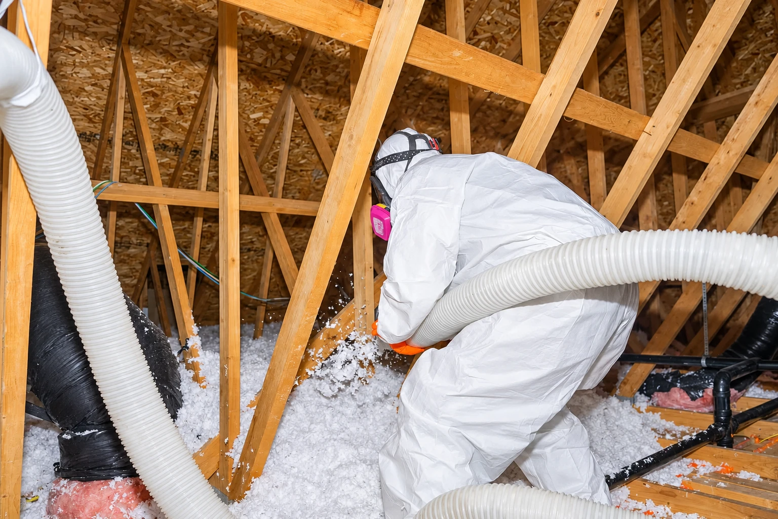 A worker in white protective gear blows loose insulation into an unfinished attic with exposed wooden rafters.