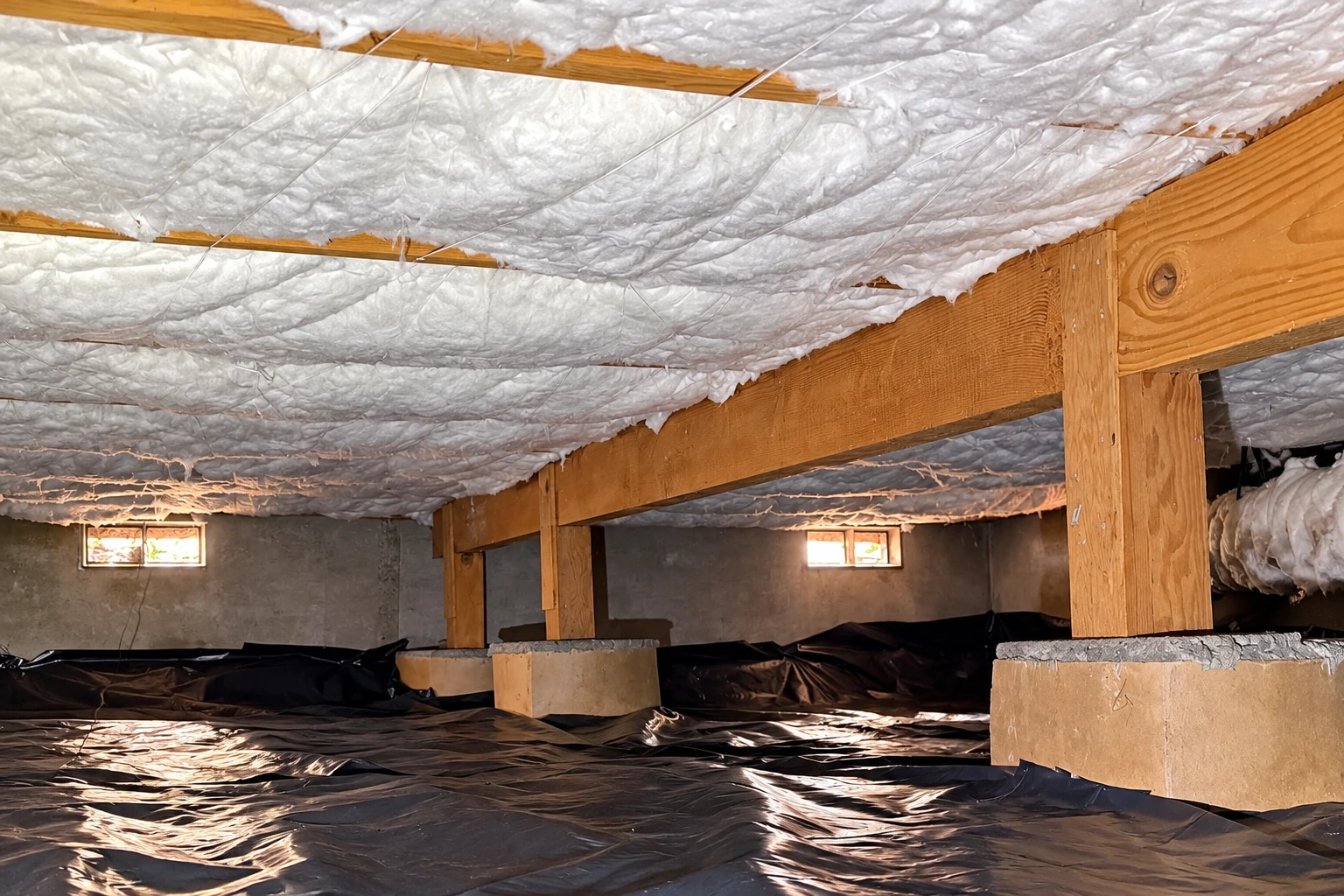 White insulation covers the underside of a crawl space ceiling above black vapor barrier sheeting.