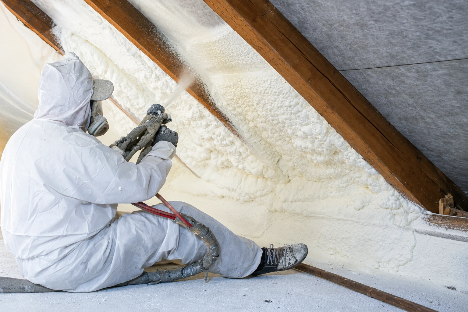 A worker in protective gear sprays white foam insulation into the rafters of an attic.
