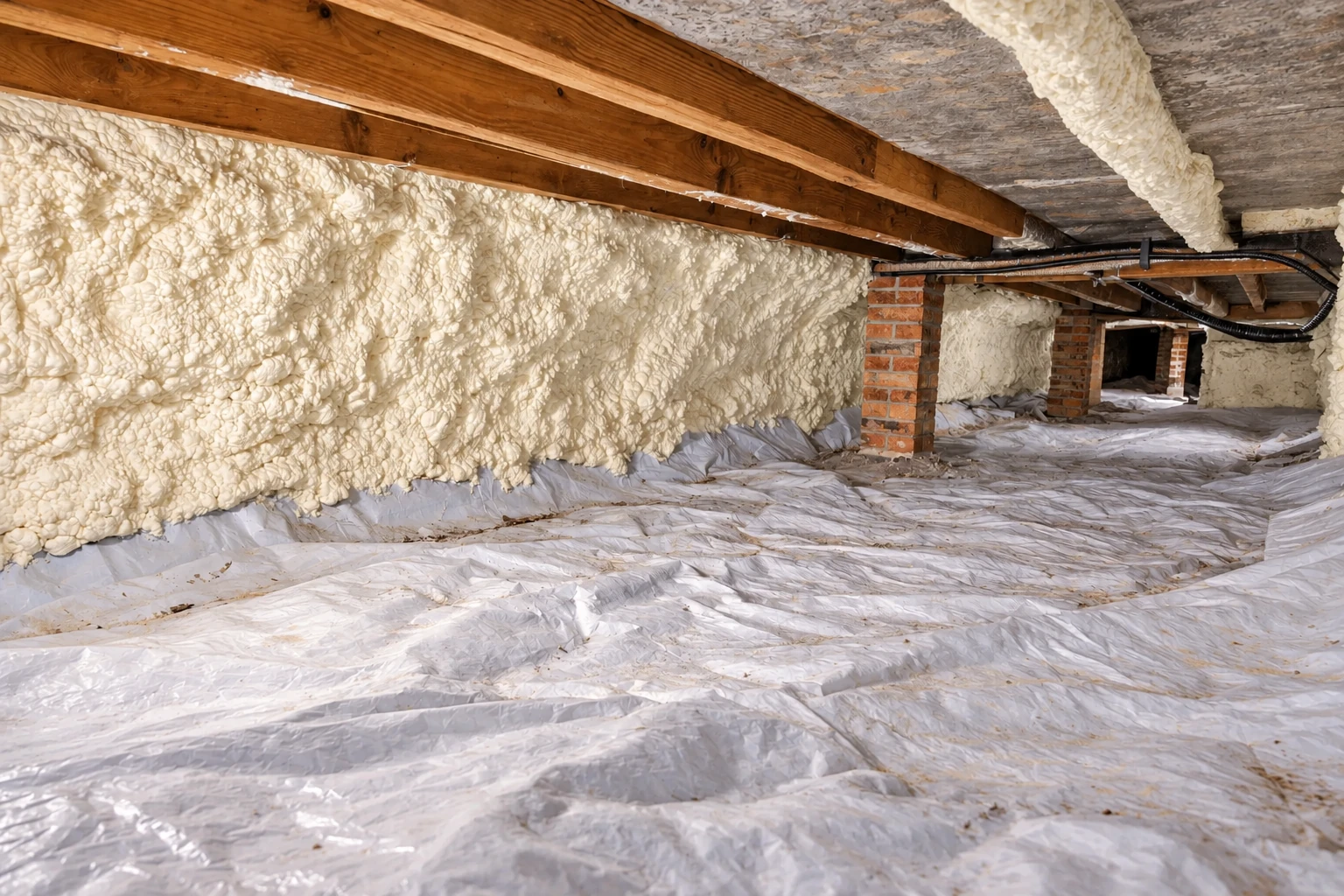 White vapor barrier covers a crawl-space floor, while spray foam coats the foundation wall beneath exposed joists.