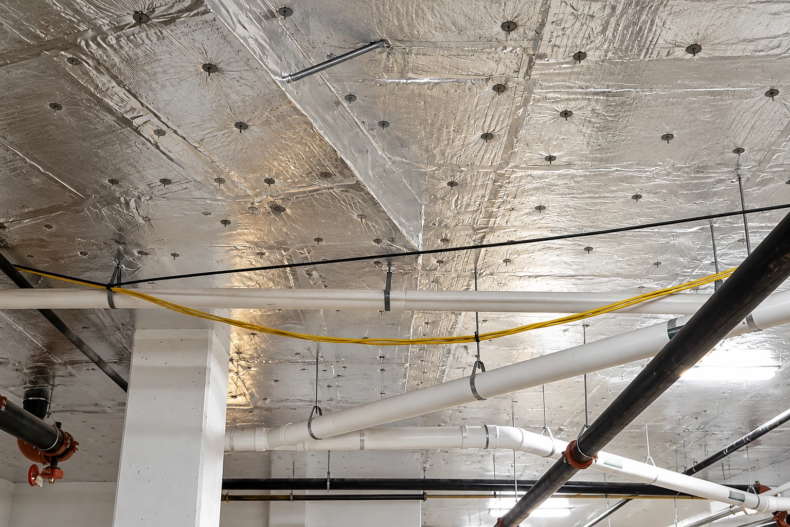 Reflective vapor barrier covers a commercial ceiling around pipes, cables, and structural supports.