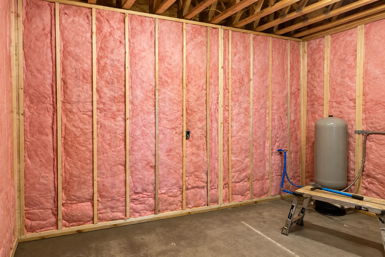 Pink fiberglass batts fill the wooden studs of an unfinished basement wall beside a water tank and workbench.