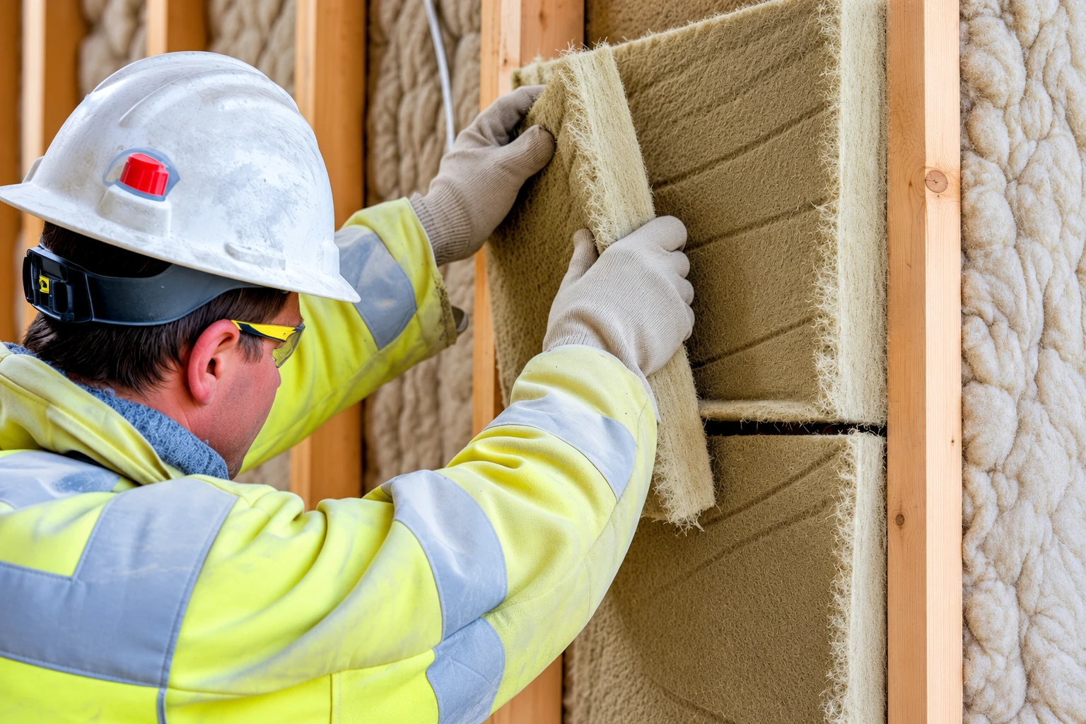 A worker in a hard hat presses a fibrous insulation batt into a wooden wall cavity.